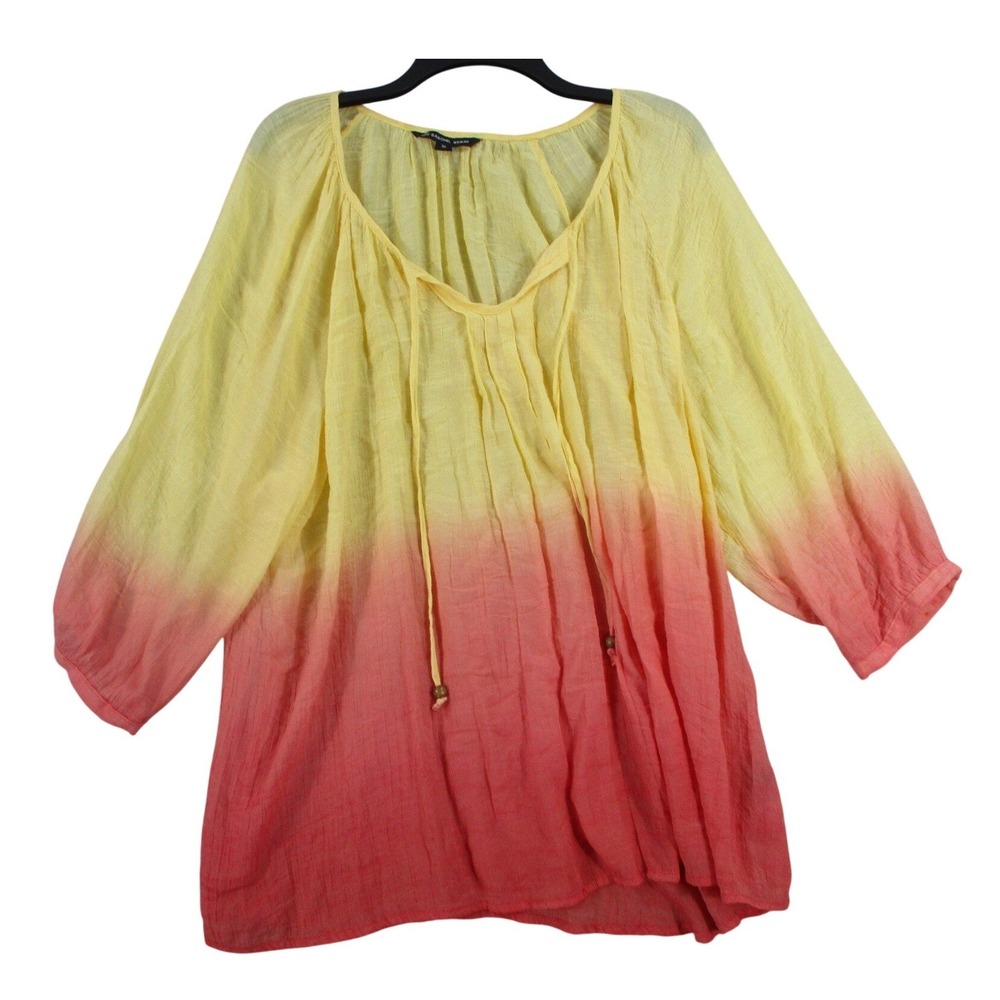 Zac & Rachel Woman 3X‎ Ombre Peasant Blouse Yellow Pink Dip Dye Boho Gauze Top